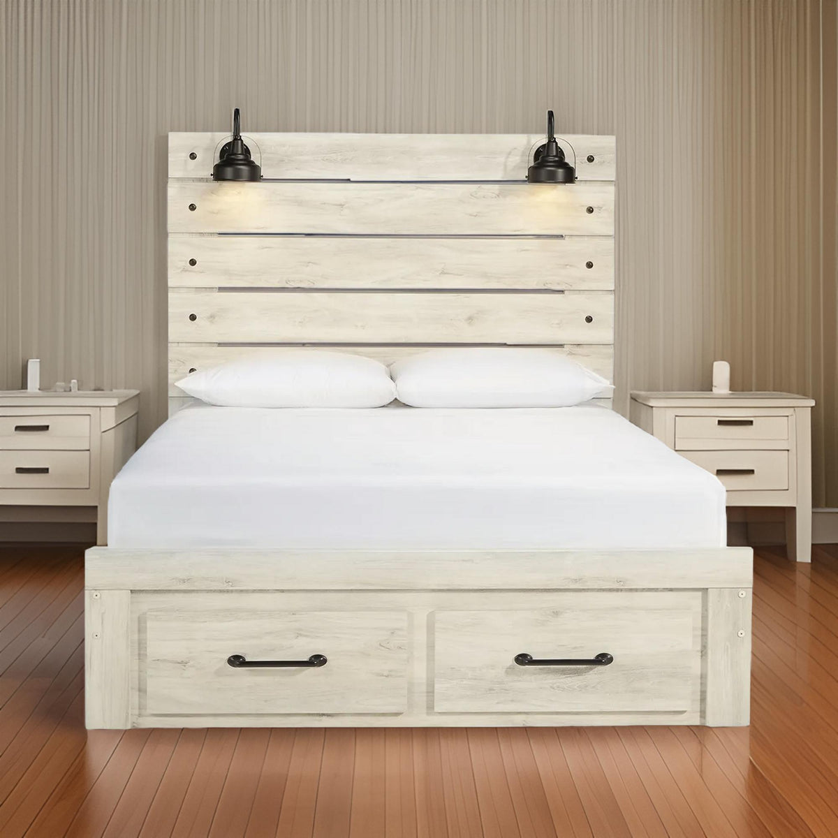 Transitional Wooden Queen Panel Headboard with Slated Design and Lamp, White  - BM213292