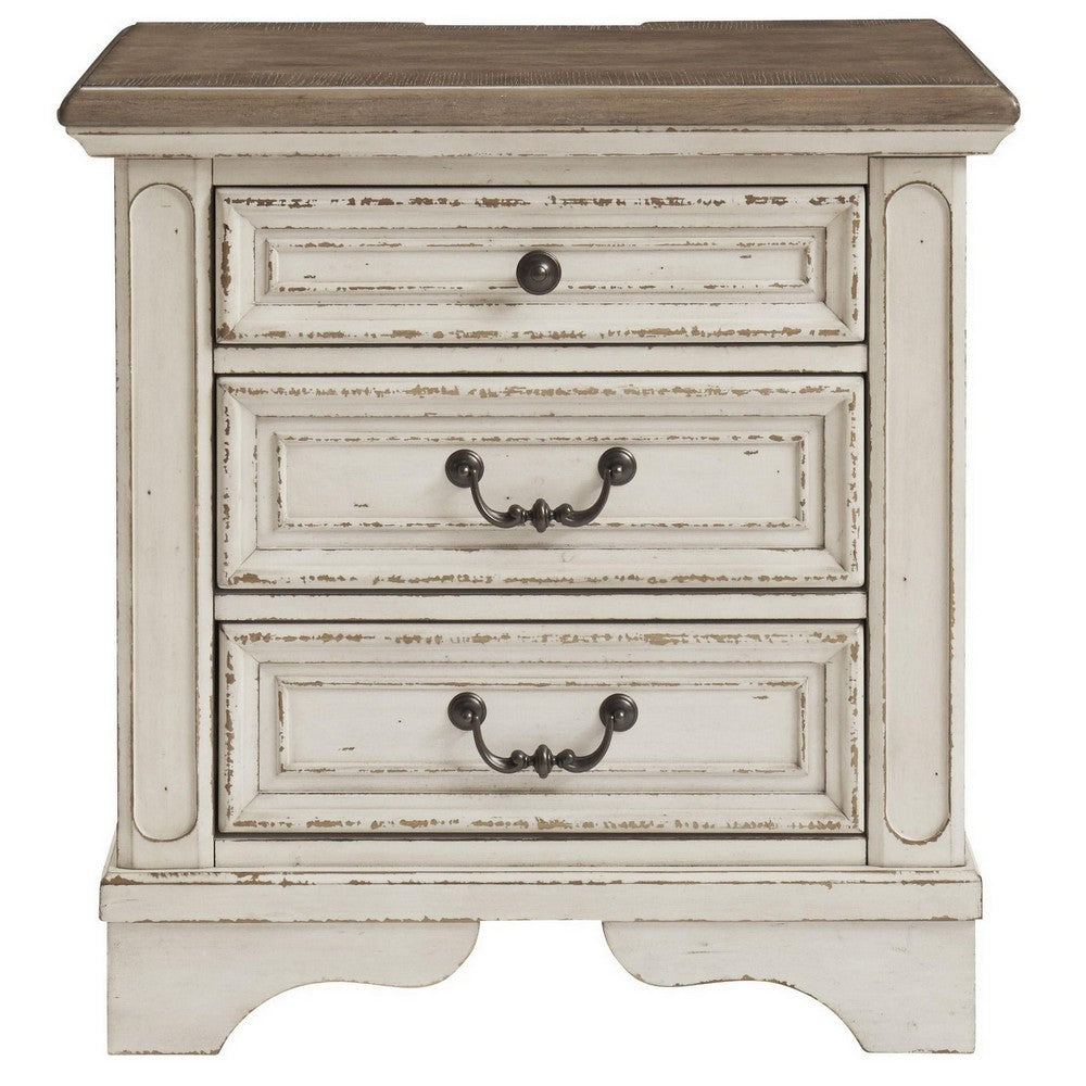 Ashley Realyn 3 Drawer Nightstand | Distressed White | USB Charging Ports - BM213305