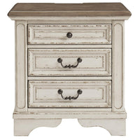 Ashley Realyn 3 Drawer Nightstand | Distressed White | USB Charging Ports - BM213305