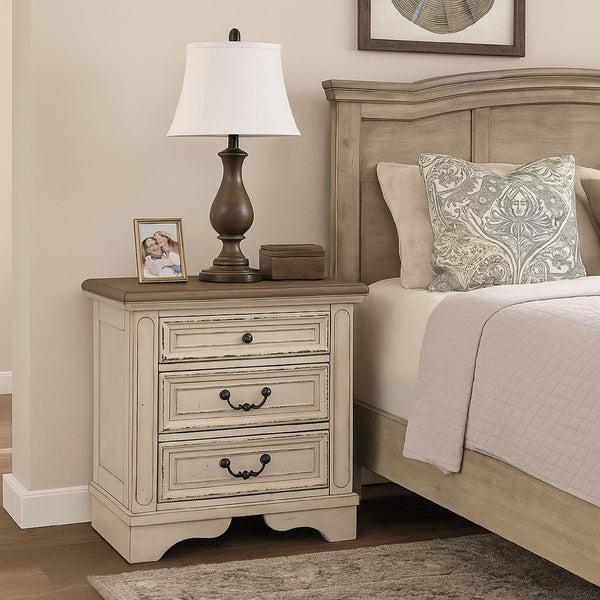 Ashley Realyn 3 Drawer Nightstand | Distressed White | USB Charging Ports - BM213305