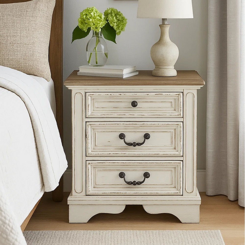 Ashley Realyn 3 Drawer Nightstand | Distressed White | USB Charging Ports - BM213305