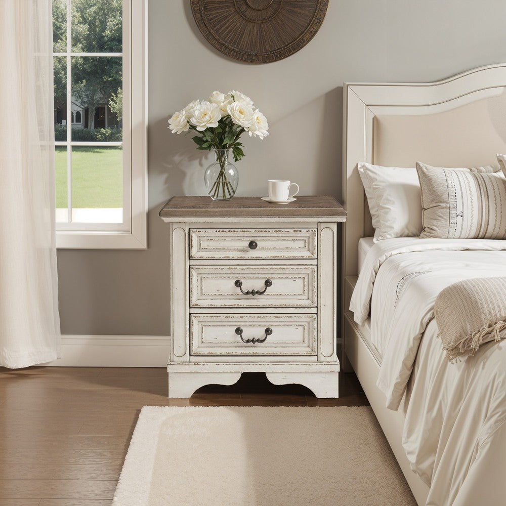 Ashley Realyn 3 Drawer Nightstand | Distressed White | USB Charging Ports - BM213305