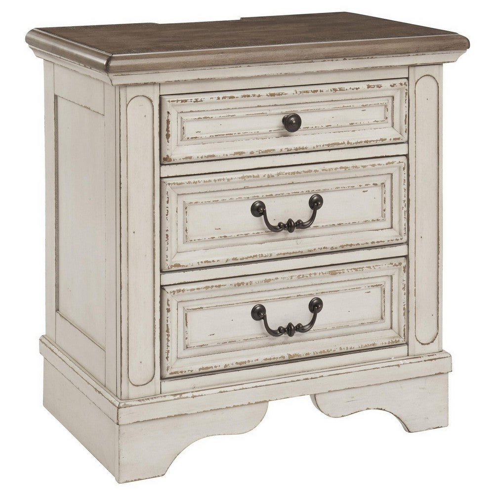 Ashley Realyn 3 Drawer Nightstand | Distressed White | USB Charging Ports - BM213305