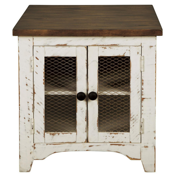 Two Tone Wooden End Table with Metal Grill Cabinet in Brown and White - BM213349