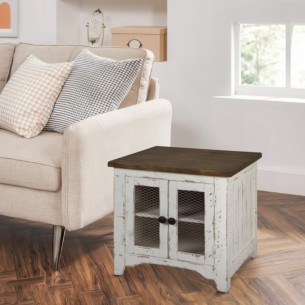 Two Tone Wooden End Table with Metal Grill Cabinet in Brown and White - BM213349