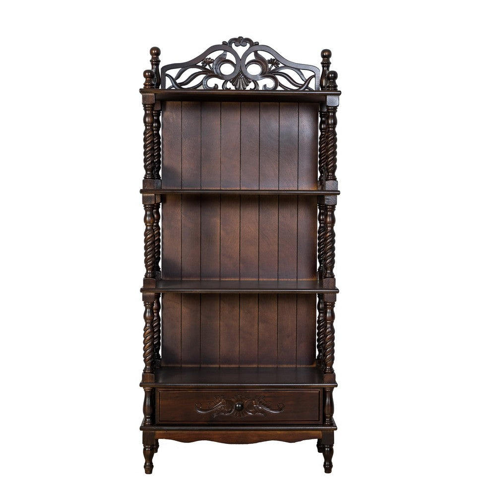 Wooden Bookcase Shelf with Carved Details and Filigree Accents, Brown - BM213452