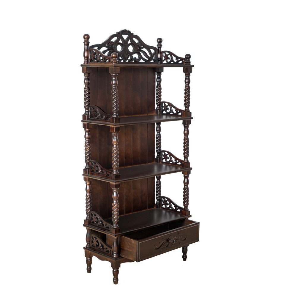 Wooden Bookcase Shelf with Carved Details and Filigree Accents, Brown - BM213452