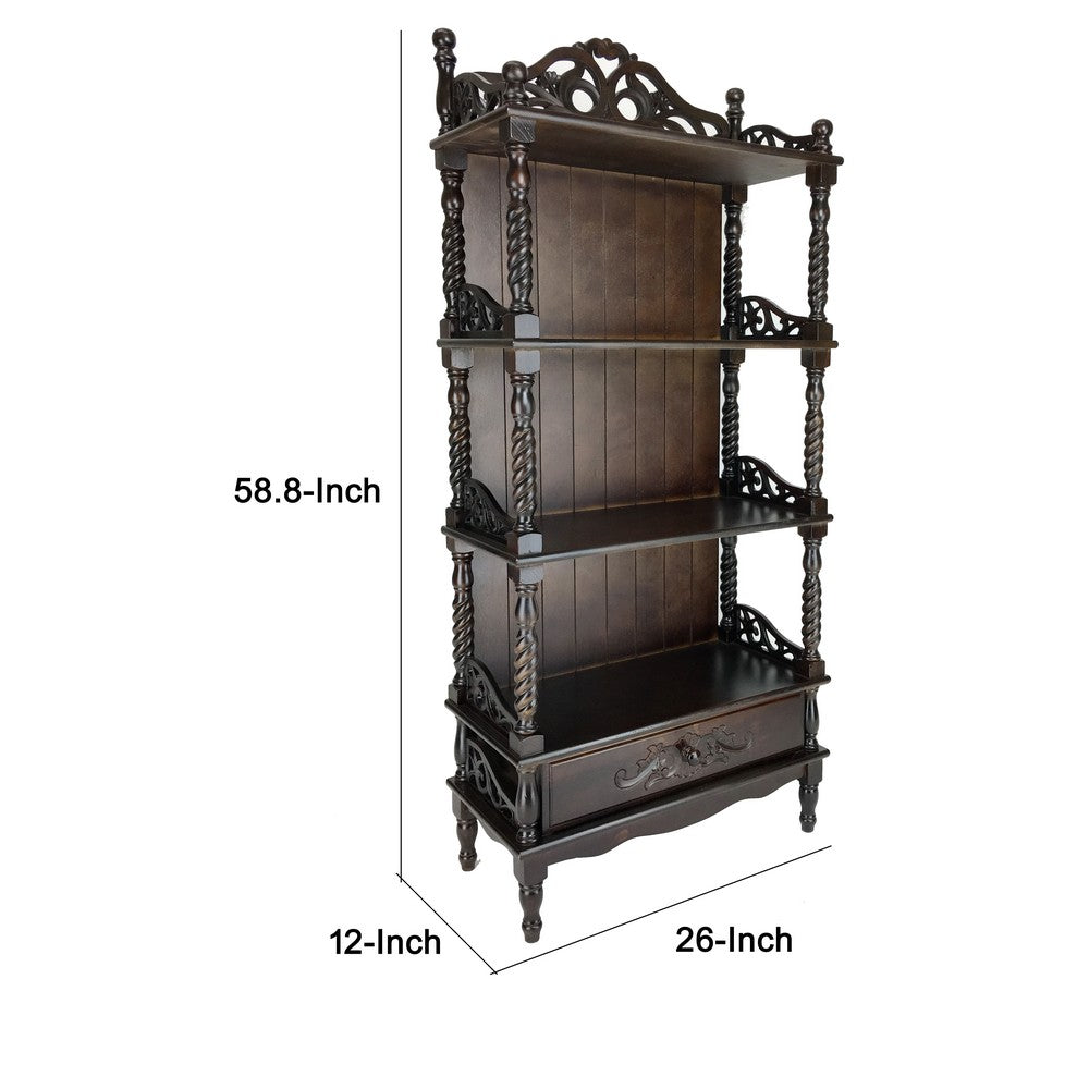 Wooden Bookcase Shelf with Carved Details and Filigree Accents, Brown - BM213452