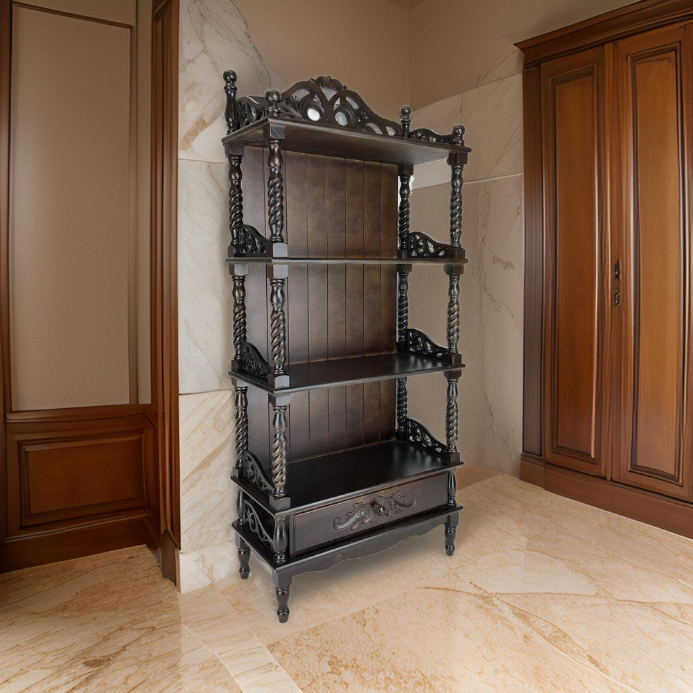 benzara Wooden Bookcase Shelf with Carved Details and Filigree Accents Brown - BM213452