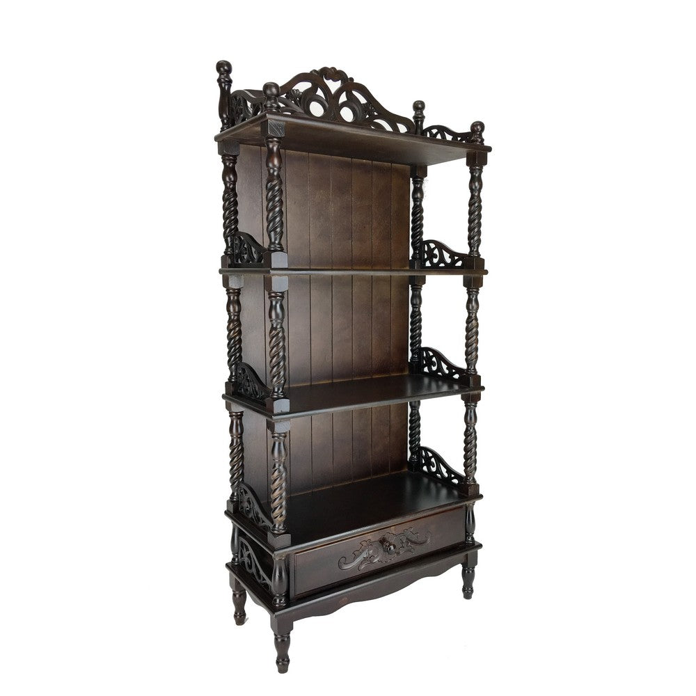 Wooden Bookcase Shelf with Carved Details and Filigree Accents, Brown - BM213452