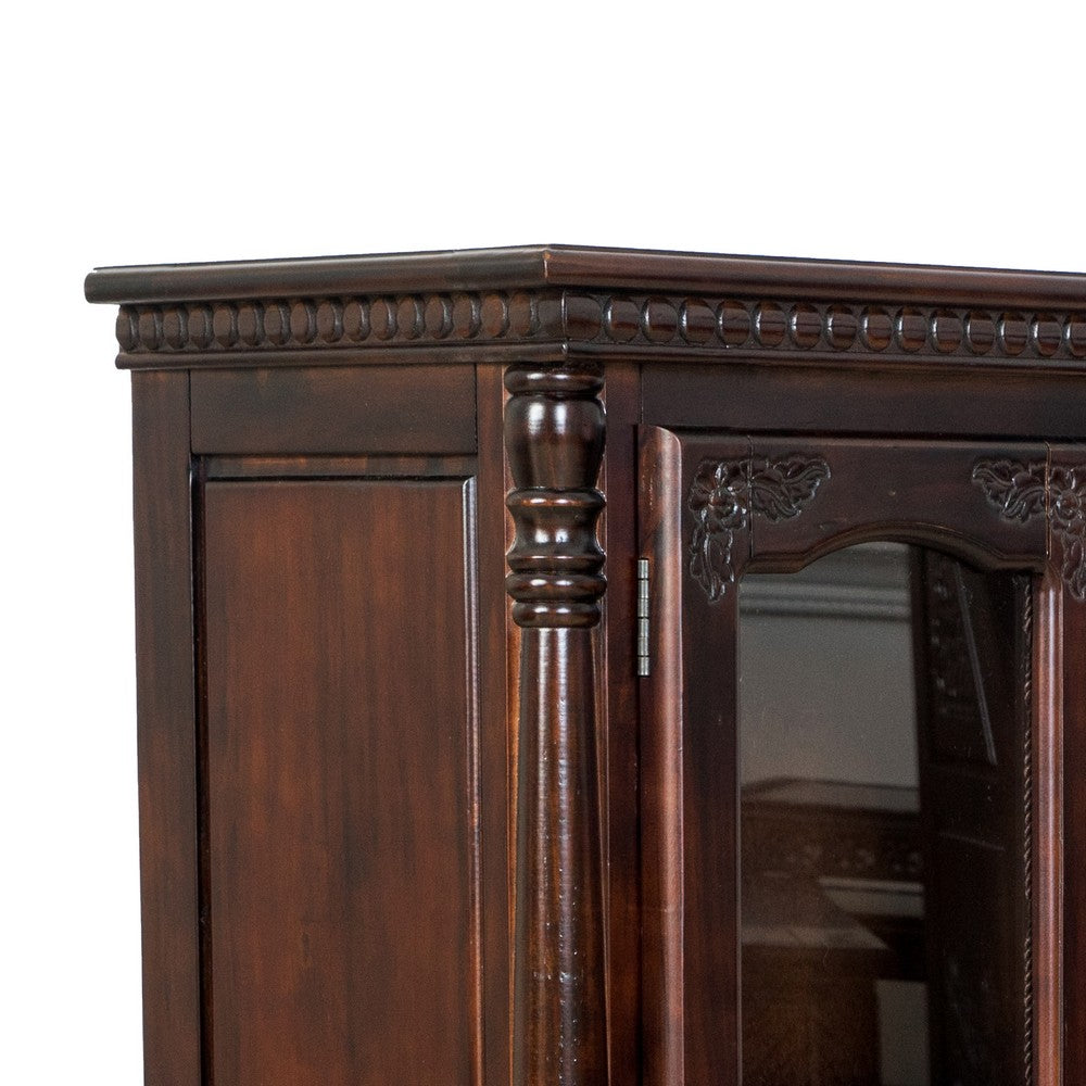 Traditional Wood and Glass Accent Cabinet with Carved Details, Brown - BM213463