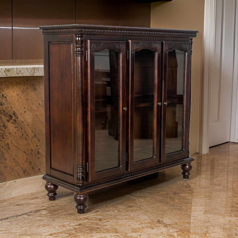 Traditional Wood and Glass Accent Cabinet with Carved Details, Brown - BM213463