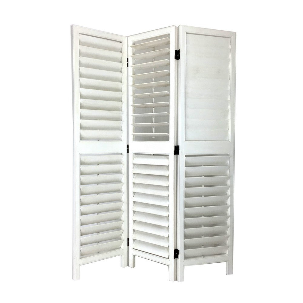 Wooden 3 Panel Room Divider with Slatted Design, White - BM213480