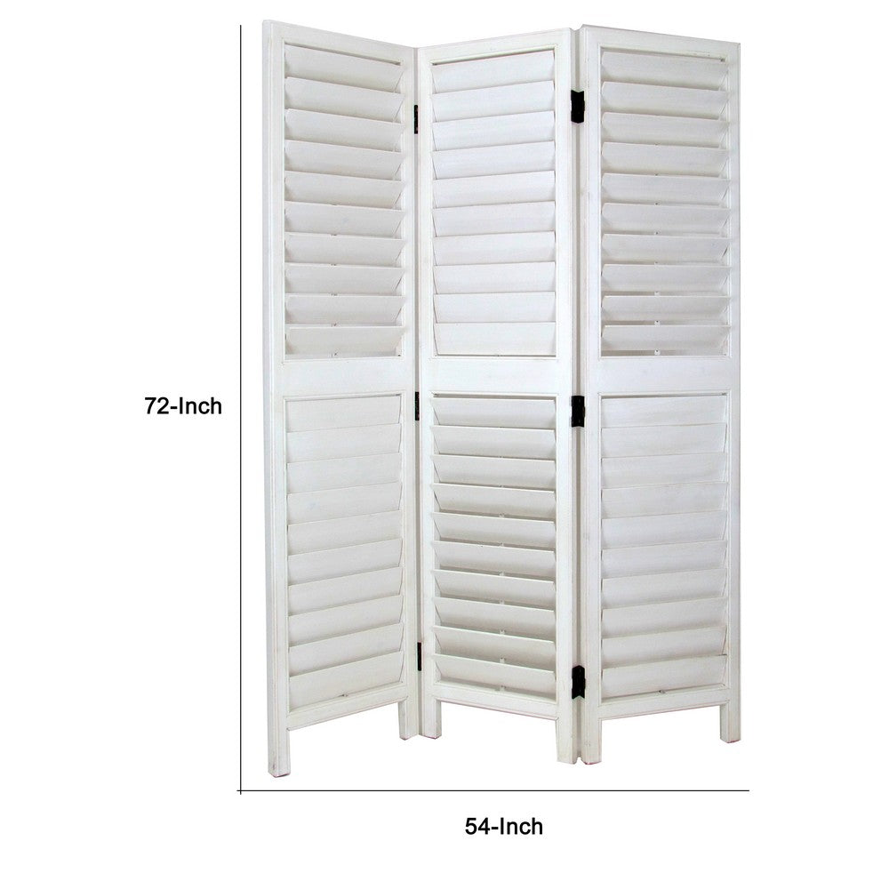 Wooden 3 Panel Room Divider with Slatted Design, White - BM213480