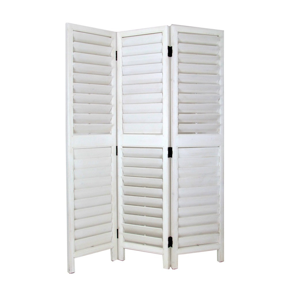 Wooden 3 Panel Room Divider with Slatted Design, White - BM213480