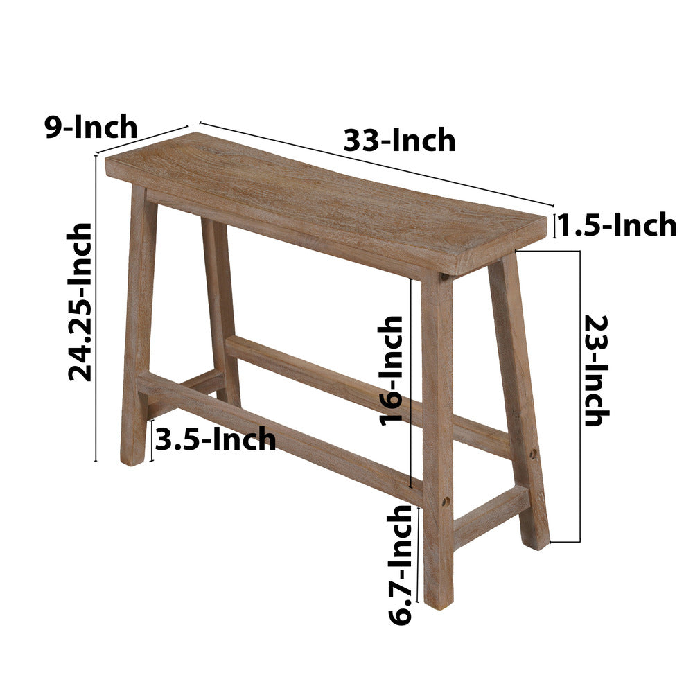 33 Inch Saddle Seat Bench with Angled Frame, Sandblasted Antique Brown Acacia Wood - BM214019