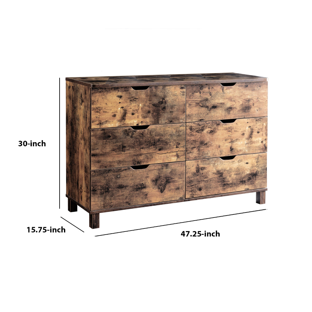 Wooden Frame Dresser with 6 Drawers and Straight Legs, Distressed Brown - BM214688