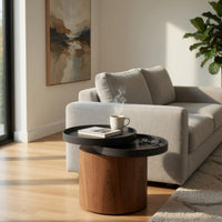 Cylindrical Wooden End Table with Swivel Tray Top, Brown and Black - BM214822