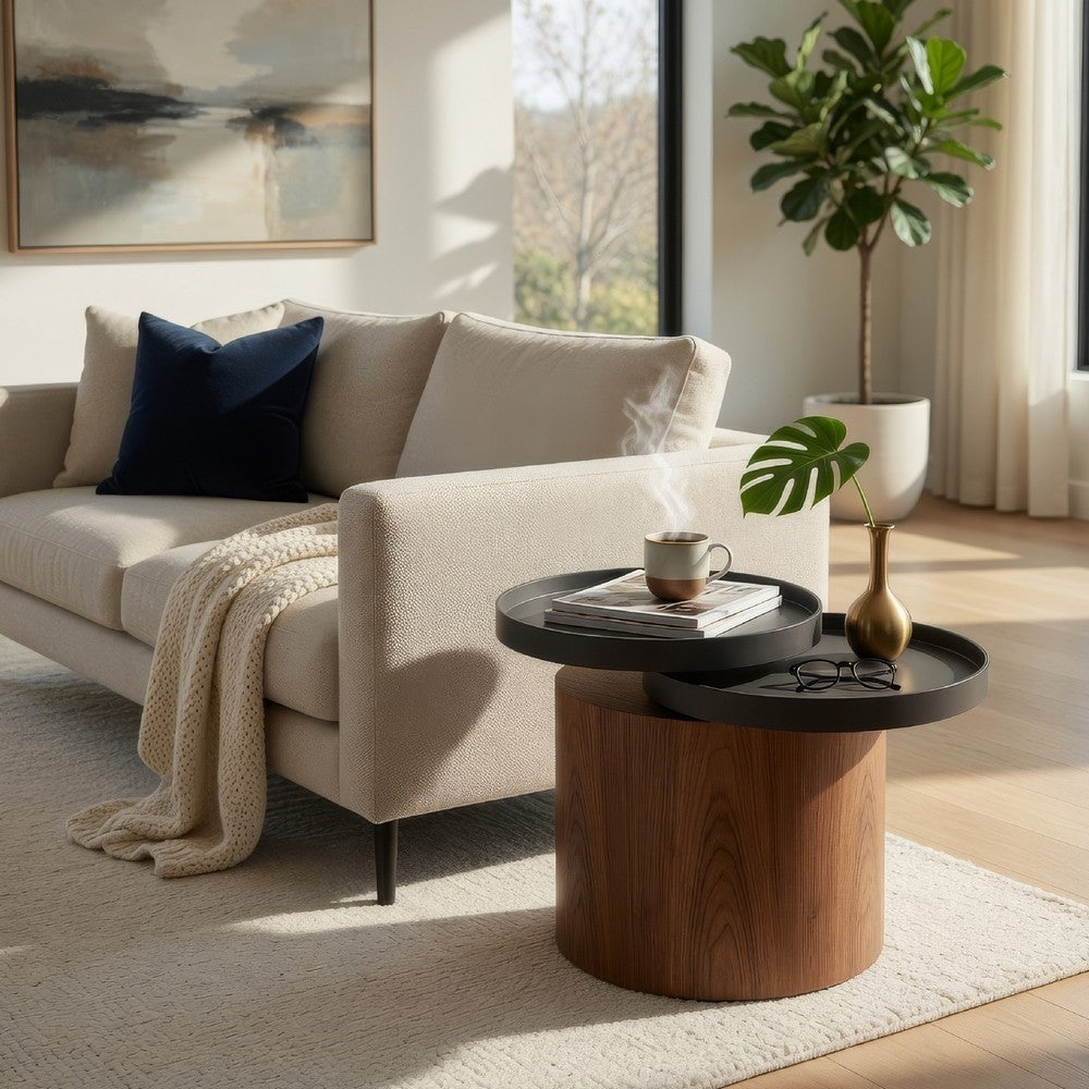 Cylindrical Wooden End Table with Swivel Tray Top, Brown and Black - BM214822
