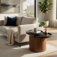 Cylindrical Wooden End Table with Swivel Tray Top, Brown and Black - BM214822