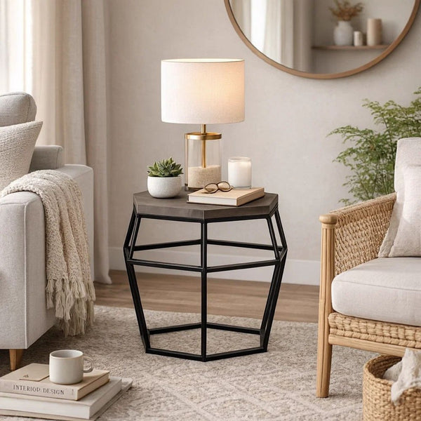 Hexagonal Concrete End Table with Metal Base, Gray and Black - BM214837
