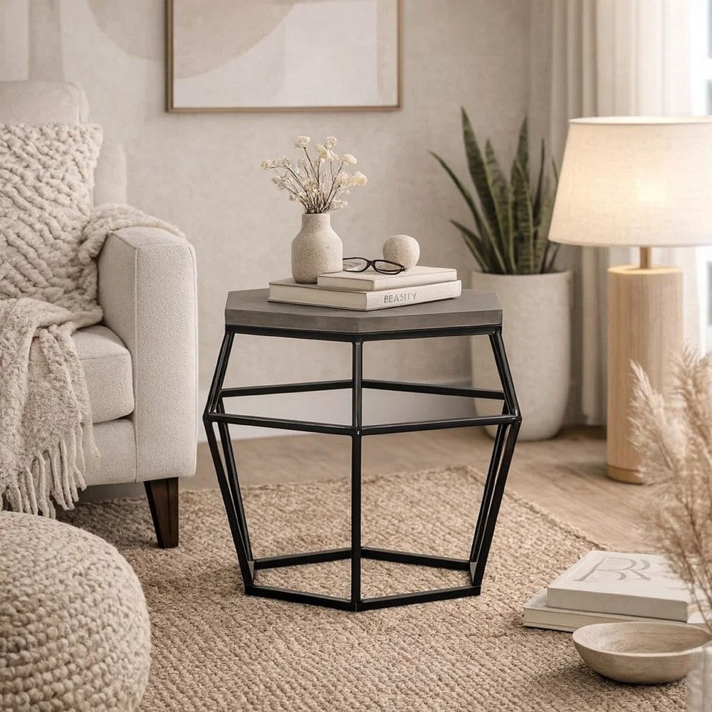 Hexagonal Concrete End Table with Metal Base, Gray and Black - BM214837