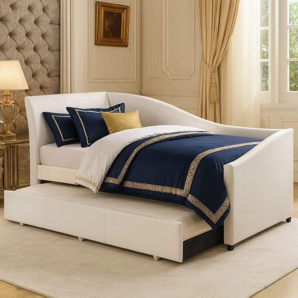 Leatherette Twin Size Daybed and Trundle with Sloped Back, White - BM214911