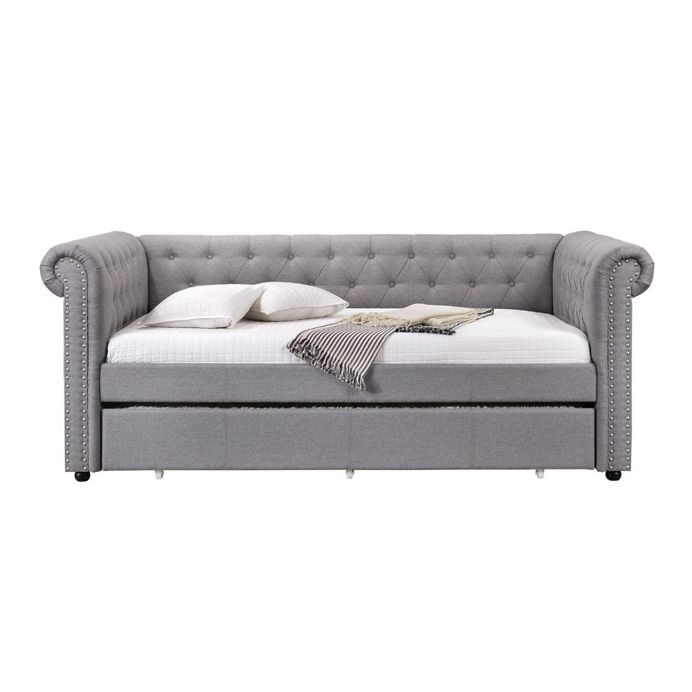 Chesterfield Twin Size Daybed with Attached Trundle and Nailhead Trims,Gray - BM214912