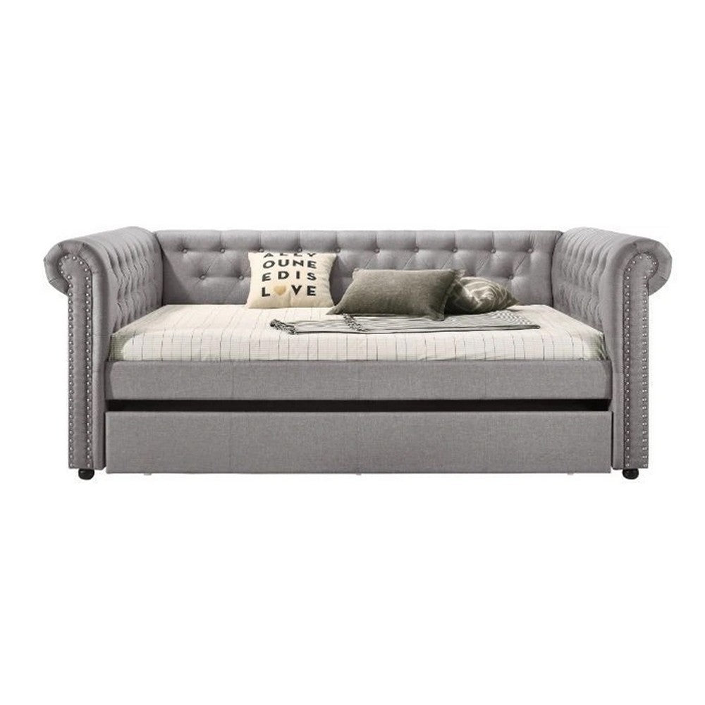 Chesterfield Twin Size Daybed with Attached Trundle and Nailhead Trims,Gray - BM214912
