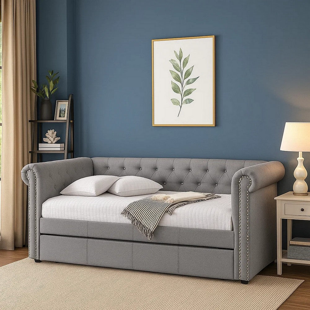 Chesterfield Twin Size Daybed with Attached Trundle and Nailhead Trims,Gray - BM214912