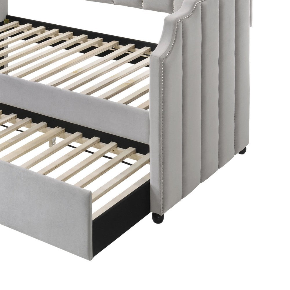 Fabric Twin Size Daybed with Channel Tufting and Nailhead Trim, Gray - BM214913