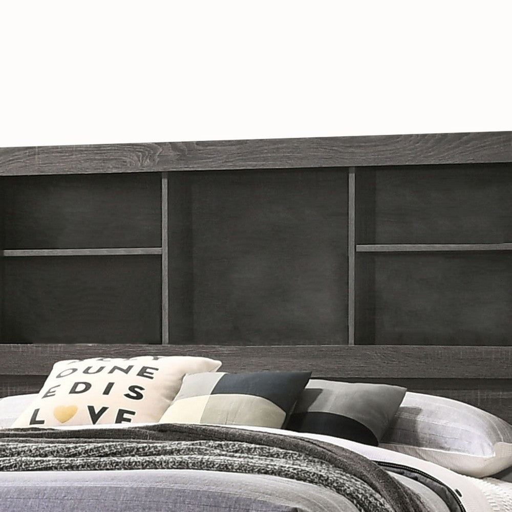 Wooden Queen Size Low Profile Size Bed with Bookcase Headboard, Gray - BM214926