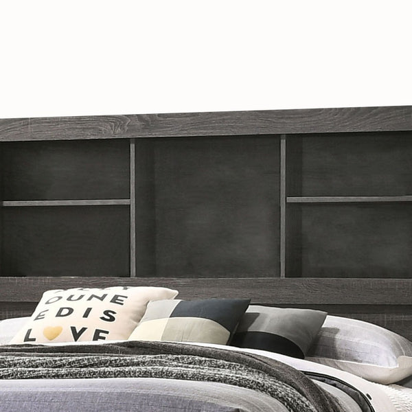 Wooden Queen Size Low Profile Size Bed with Bookcase Headboard, Gray - BM214926