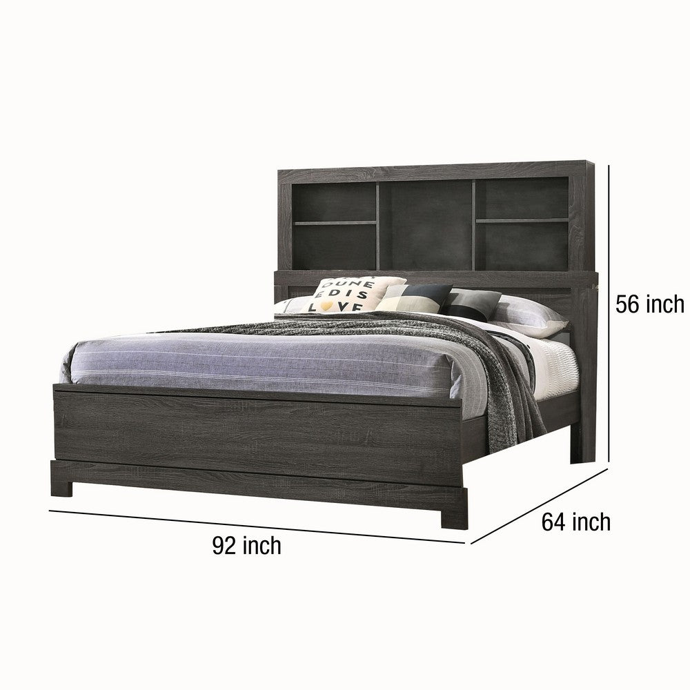 Wooden Queen Size Low Profile Size Bed with Bookcase Headboard, Gray - BM214926