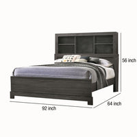 Wooden Queen Size Low Profile Size Bed with Bookcase Headboard, Gray - BM214926