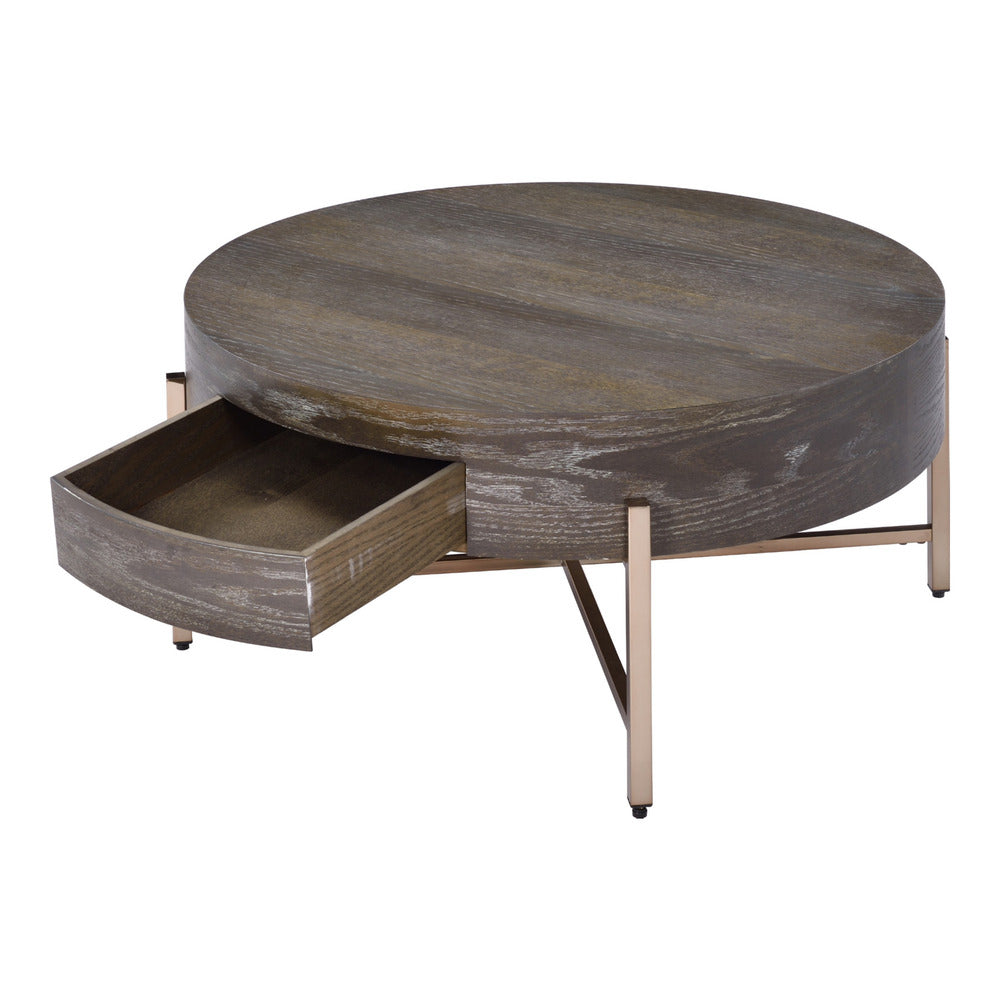 1 Drawer Round Modern Coffee Table with Crossed Metal Legs, Brown and Gold - BM215037