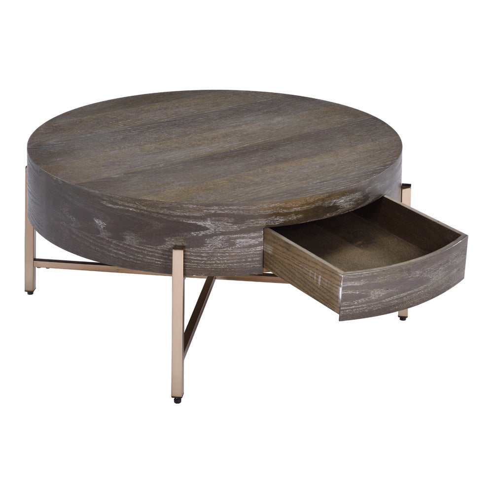 1 Drawer Round Modern Coffee Table with Crossed Metal Legs, Brown and Gold - BM215037