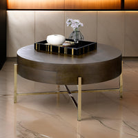 1 Drawer Round Modern Coffee Table with Crossed Metal Legs, Brown and Gold - BM215037