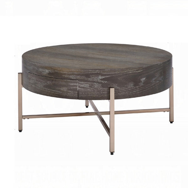 1 Drawer Round Modern Coffee Table with Crossed Metal Legs, Brown and Gold - BM215037