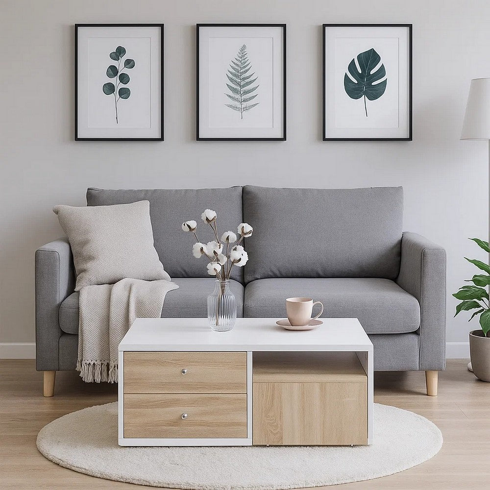 2 Drawer Contemporary Coffee Table with Pull Out Table, White and Brown - BM215040