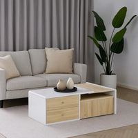 2 Drawer Contemporary Coffee Table with Pull Out Table, White and Brown - BM215040
