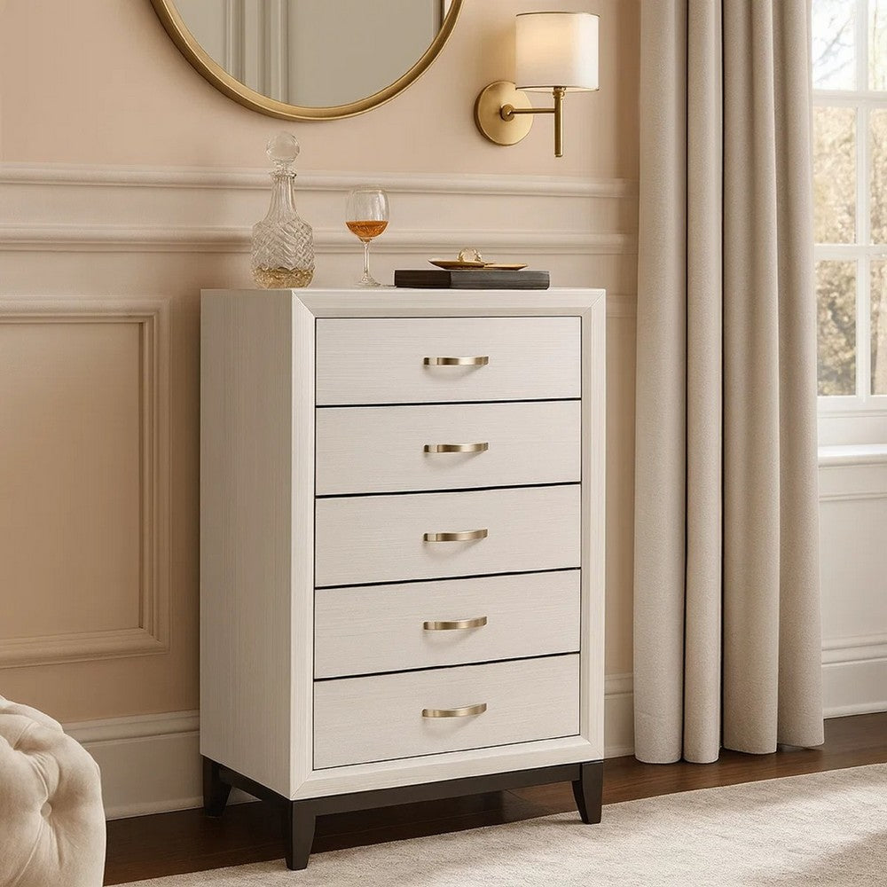 Transitional 5 Drawer Chest with Curved Handle and Chamfered Feet, White - BM215345