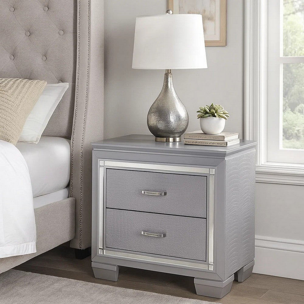 Two Drawer Wooden Nightstand with Textured Details and Mirror Accents, Gray - BM215374