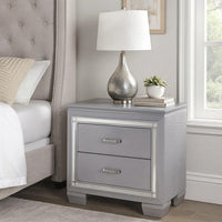 Two Drawer Wooden Nightstand with Textured Details and Mirror Accents, Gray - BM215374