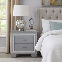 Two Drawer Wooden Nightstand with Textured Details and Mirror Accents, Gray - BM215374