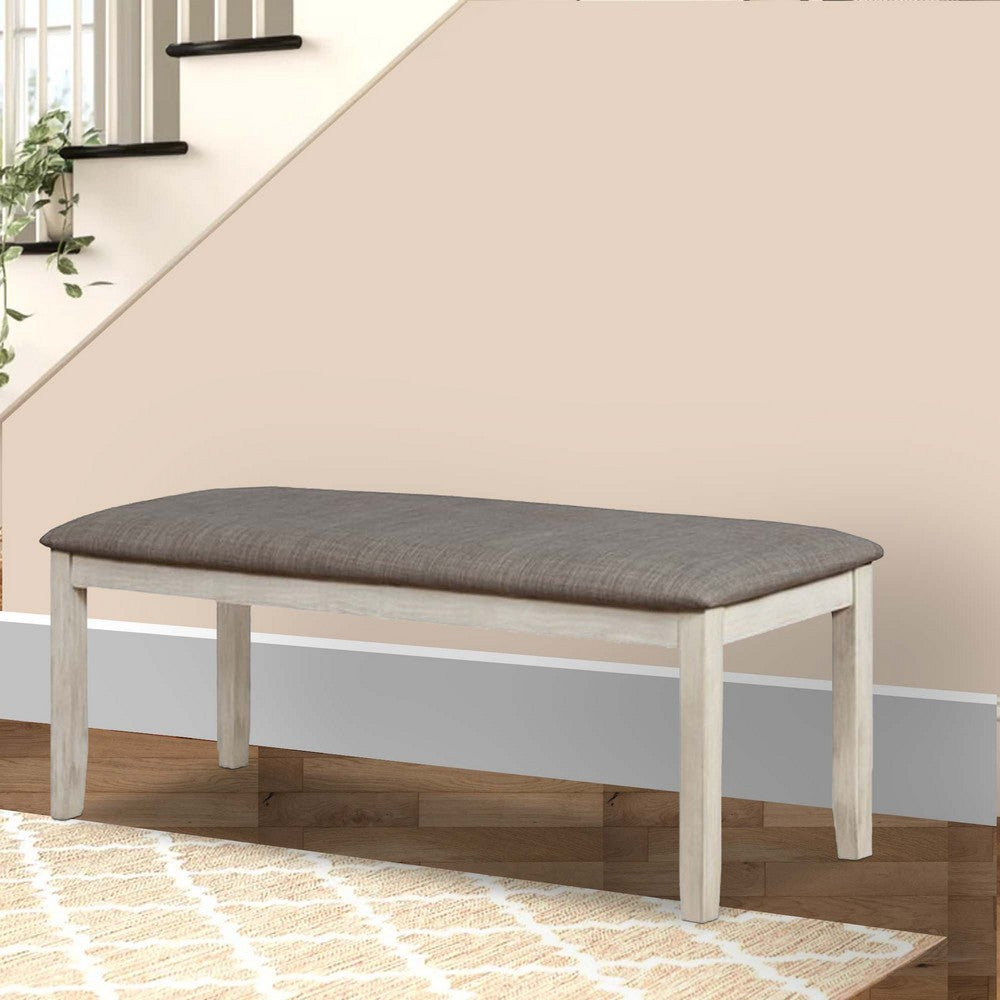 Wooden Bench with Fabric Upholstered Seat and Chamfered Legs,White and Gray - BM215419