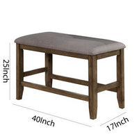 Counter Height Wooden Bench with Fabric Upholstered Seat, Brown and Gray - BM215456