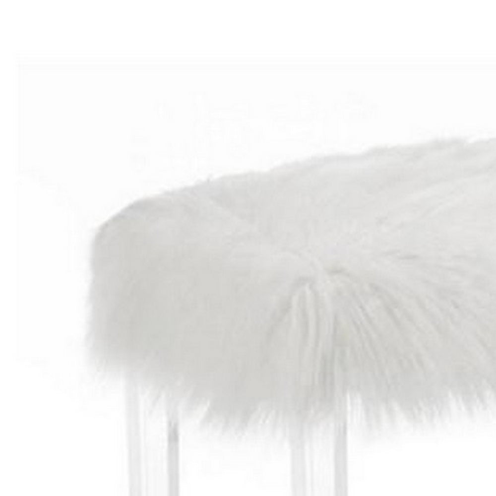 Contemporary Bench with Faux Fur Seat and Acrylic Legs, White and Clear - BM215475