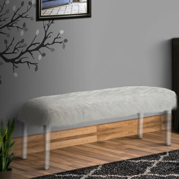 Contemporary Bench with Faux Fur Seat and Acrylic Legs, White and Clear - BM215475