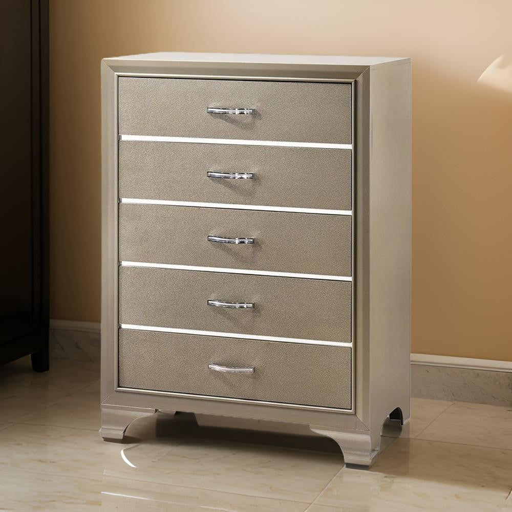 Five Drawer Wooden Chest with Polished Metallic Pulls, Champagne Gold - BM215532